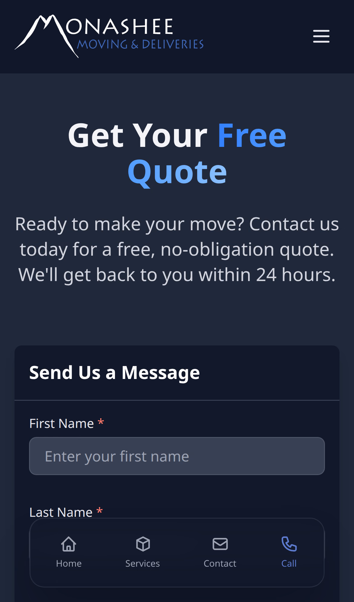 Monashee Moving & Deliveries contact page (mobile)